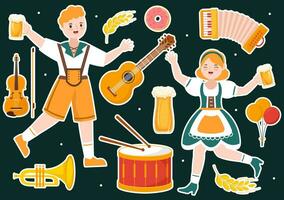 conjunto de contento Oktoberfest festival elementos vector ilustración con cerveza, embutido, barriles, Alemania bandera y más dibujos animados antecedentes diseño plantillas