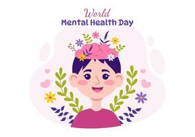 World Mental Health Day Vector Illustration on October 10 with Healthy Problem and Heart in Brain in Flat Cartoon Hand Drawn Background Templates