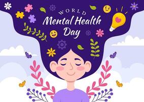 mundo mental salud día vector ilustración en octubre 10 con sano problema y corazón en cerebro en plano dibujos animados mano dibujado antecedentes plantillas