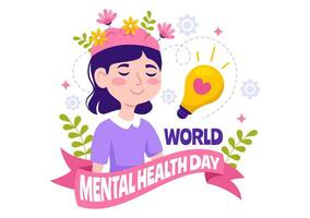 World Mental Health Day Vector Illustration on October 10 with Healthy Problem and Heart in Brain in Flat Cartoon Hand Drawn Background Templates