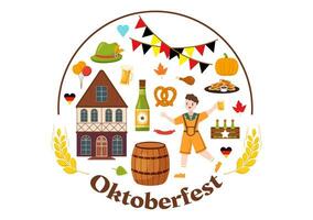 conjunto de contento Oktoberfest festival elementos vector ilustración con cerveza, embutido, barriles, Alemania bandera y más dibujos animados antecedentes diseño plantillas