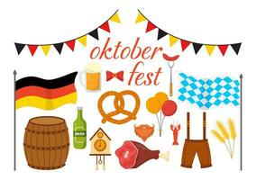 Set of Happy Oktoberfest Festival Elements Vector Illustration with Beer, Sausage, Barrels, Germany Flag and More Cartoon Background Design Templates