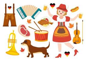 conjunto de contento Oktoberfest festival elementos vector ilustración con cerveza, embutido, barriles, Alemania bandera y más dibujos animados antecedentes diseño plantillas