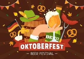 contento Oktoberfest fiesta festival vector ilustración con cerveza, embutido, pan de jengibre, alemán bandera y ets antecedentes plano dibujos animados mano dibujado plantillas