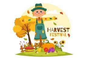 Happy Harvest Festival Vector Illustration of Autumn Season Background with Pumpkins, Maple Leaves, Fruits or Vegetables in Flat Cartoon Templates