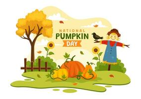 National Pumpkin Day Vector Illustration on 26 October with Cute Cartoon Style Pumpkin Character on Garden Background Hand Drawn Template