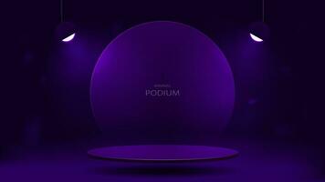 An empty podium with a glass circle with glowing lamps on a dark purple background. A platform in the minimal style. vector