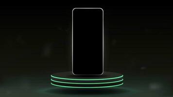 Smartphone on the podium with green neon on a dark gray background. vector