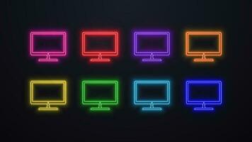 A set of neon computer monitor icons in different colors blue, green, red, orange, yellow, purple and pink on a black background. vector