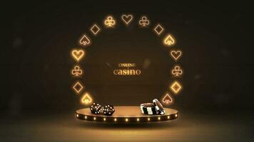 3d podium in black and gold with a frame of card suits. A platform with dice and poker chips. Casino background. vector