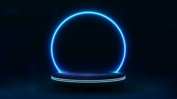 An empty floating podium with a bright neon round arch on a blue background. vector