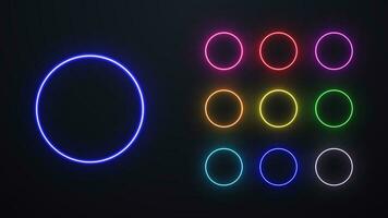 A set of neon colored bright circles on a dark background. Nine shiny rounded patterns. vector