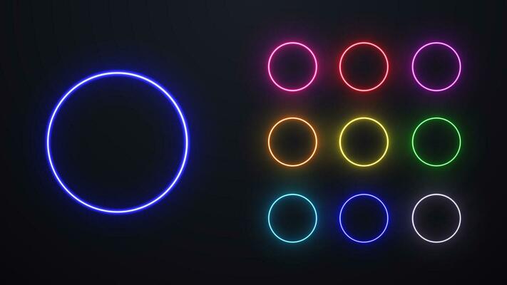 A set of neon colored bright circles on a dark background. Nine shiny rounded patterns.
