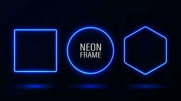 A set of blue neon frames round, square and diamond on a dark background. vector