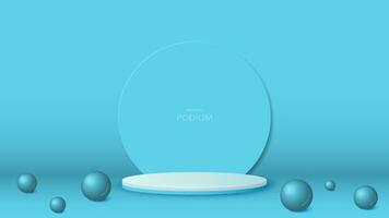 An empty podium in minimal style with a round arch on a blue background. A platform for cosmetics in the room. vector