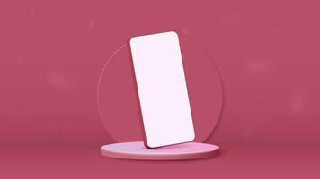 A smartphone on the podium with a white screen in pink in the room. The layout of a mobile phone on a glossy platform. vector