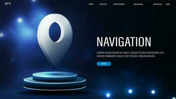 3D Navigator on the podium with neon stripes. Web banner with GPS pointer. vector