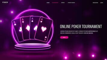 A web banner with text and casino cards with a neon round arch on the podium. vector