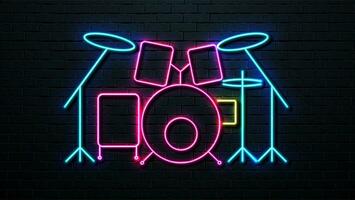 Neon drum kit on the background of a brick wall. Retro signboard. vector