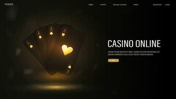 Web banner with black and gold poker cards on a shiny background. vector