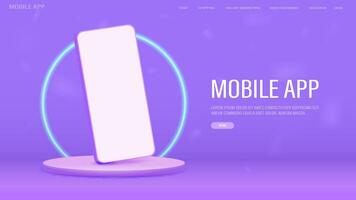 A web banner for a mobile application and online shopping with a mobile phone layout. A smartphone on the podium in purple and pink with a green frame. vector