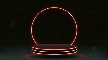 Red neon empty podium with a neon round arch on a dark background. vector