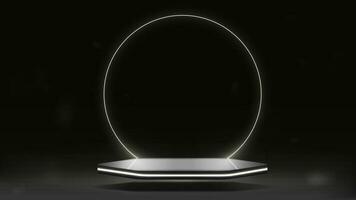 A black and white empty glossy podium with a bright neon round arch. vector