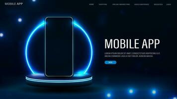 A web banner with a smartphone on a podium with a neon round arch. Poster for a website with a mobile application. vector