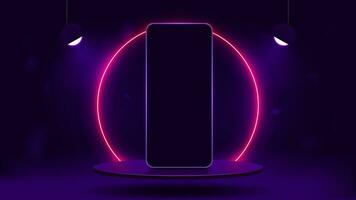 A smartphone on a glossy podium with a bright neon round arch on a dark purple background. A platform with a phone with glowing lamps. vector