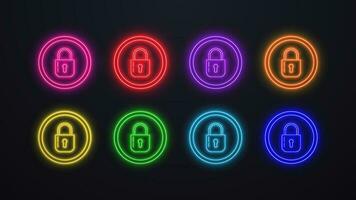 A set of neon castles in a circle in different colors green, blue, yellow, purple, pink, orange, red on a dark background. A concept for a security service. vector