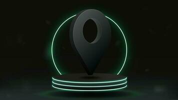 Realistic GPS pointer in 3D on the podium with a bright neon round arch. vector