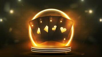 Black and gold poker cards on the podium with a neon round arch. A concept for a casino on a dark background. vector