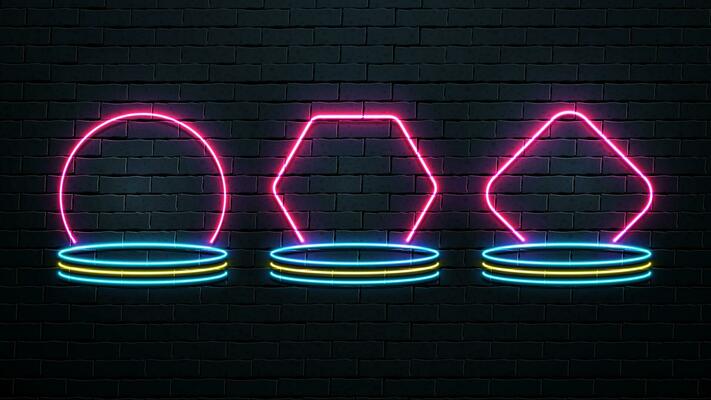 A set of podiums against a brick wall. Brightly glowing neon platforms.
