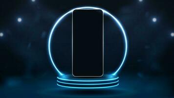 Smartphone on the podium against the background of a bright round neon arch. The concept for the application. vector