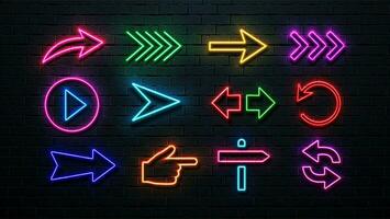 A set of neon arrows and pointers of different colors on the background of the wall. vector