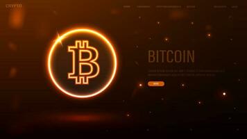 un web bandera con un brillante neón bitcoin logo en un naranja antecedentes. vector