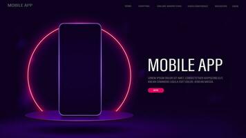 A web banner with a phone on a glossy podium with a neon pink frame. A concept for a website with a mobile application. A smartphone on a platform on a purple background. vector