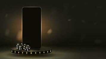 3d smartphone on a black podium with poker dice. A concept for a casino with a mobile phone on a platform with a golden background. vector
