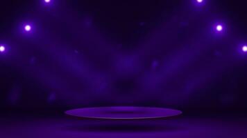 An empty 3D podium in a room with glowing spotlights on a dark purple background. vector