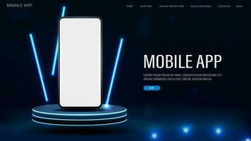 A web banner with a smartphone with a glowing white screen on a bright podium with neon lights. vector