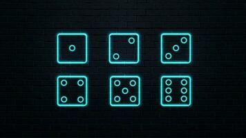 A complete set of six neon, blue dice set against a dark brick wall. vector