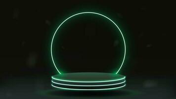 Bright green podium with neon arch. Platform on a dark background. vector