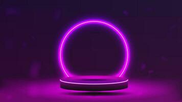 Empty purple with pink bright podium. Neon arch in the form of a circle above the platform . vector