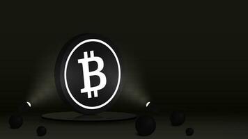 Banner to a website with a black bitcoin coin on a glossy podium illuminated by spotlights. The concept in the form of a poster for cryptocurrencies and blockchain technologies. vector