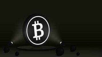 Banner to a website with a black bitcoin coin on a glossy podium illuminated by spotlights. The concept in the form of a poster for cryptocurrencies and blockchain technologies. vector