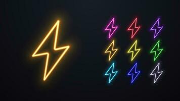 A set of neon lightning icons in different colors. vector