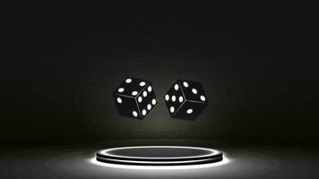 Black glowing floating poker dice on a podium with neon lights. A concept for a casino. vector