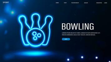A web banner with a neon bowling pins and a bowling balll on a blue background. vector