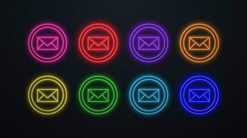 Neon envelope icon in a shiny glowing circle in colors green, blue, orange, yellow, purple, pink, and red on a dark background. The concept for electronic email. vector