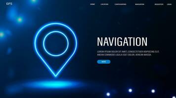 A web banner with a neon GPS location pin on a blue background. vector